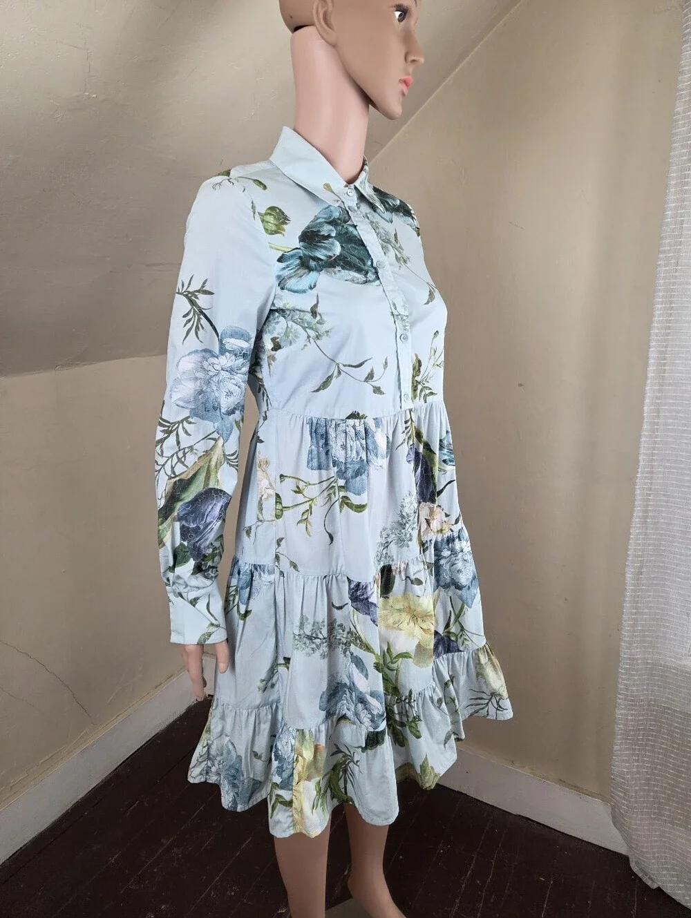 ERDEM‎ Abilene Floral Cotton Poplin Tiered Mini Shirt Dress Estimated Small